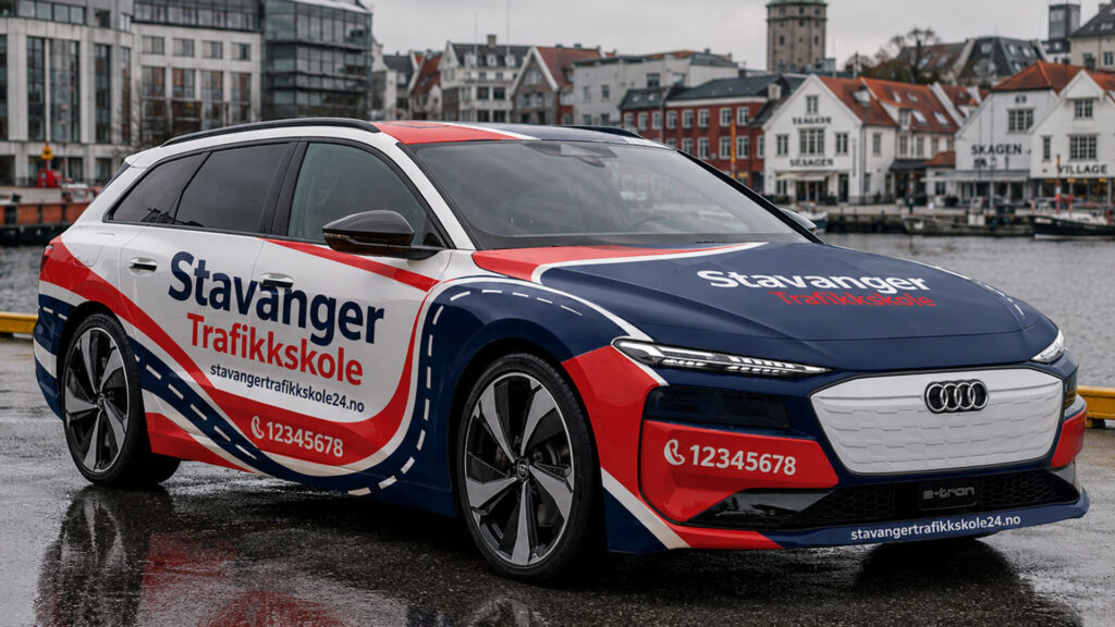 reklamefabrikk.no - Trykt PPF-bilfoliering for trafikkskoler - design og foliering - Audi A6 Avant e-tron 4