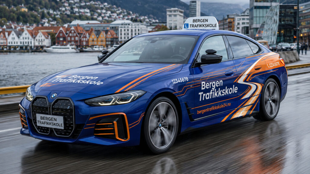 reklamefabrikk.no - Trykt PPF-bilfoliering for trafikkskoler - design og foliering - BMW i4 eDrive40 Gran Coupé 1