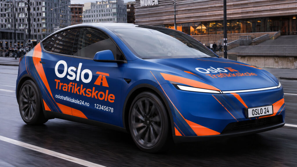 reklamefabrikk.no - Trykt PPF-bilfoliering for trafikkskoler - design og foliering - Tesla Y Juniper 1