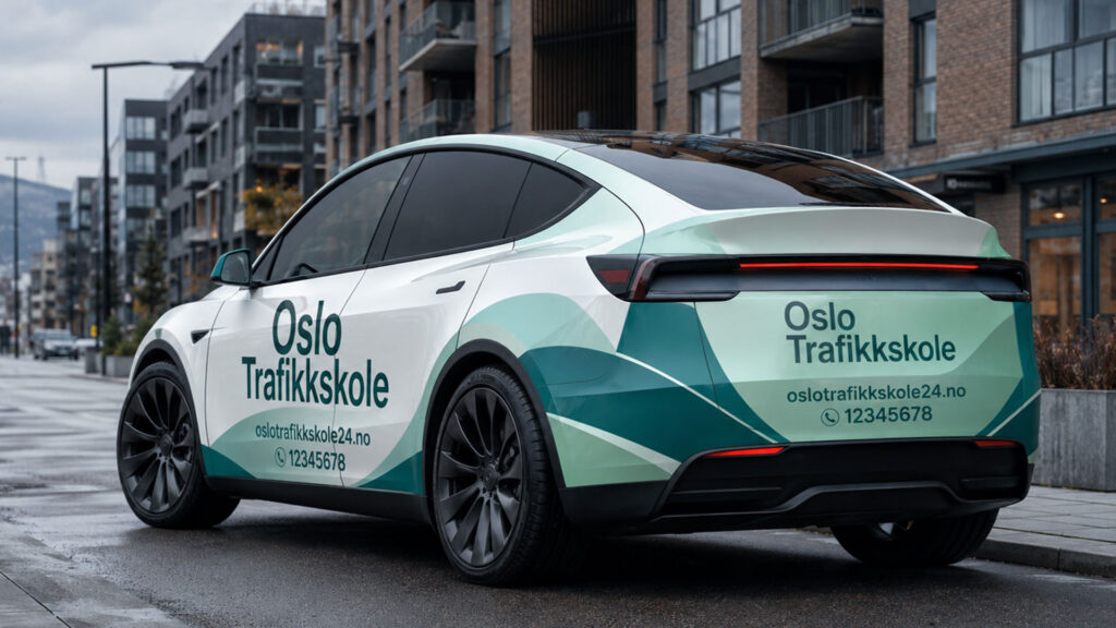 reklamefabrikk.no - Trykt PPF-bilfoliering for trafikkskoler - design og foliering - Tesla Y Juniper 2