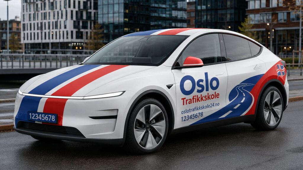 reklamefabrikk.no - Trykt PPF-bilfoliering for trafikkskoler - design og foliering - Tesla Y Juniper 4