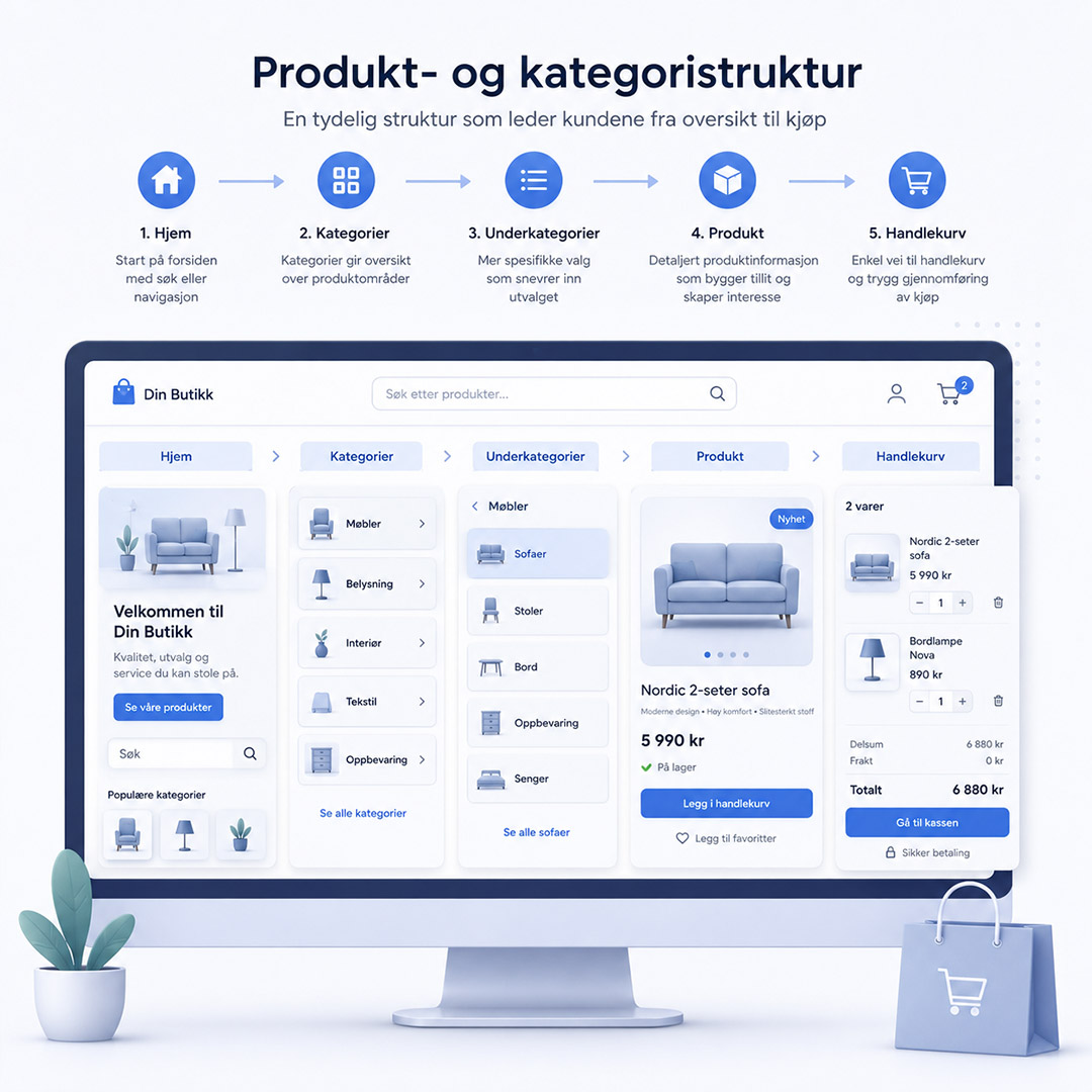 reklamefabrikk.no - Nettbutikk design Produkt- og kategoristruktur