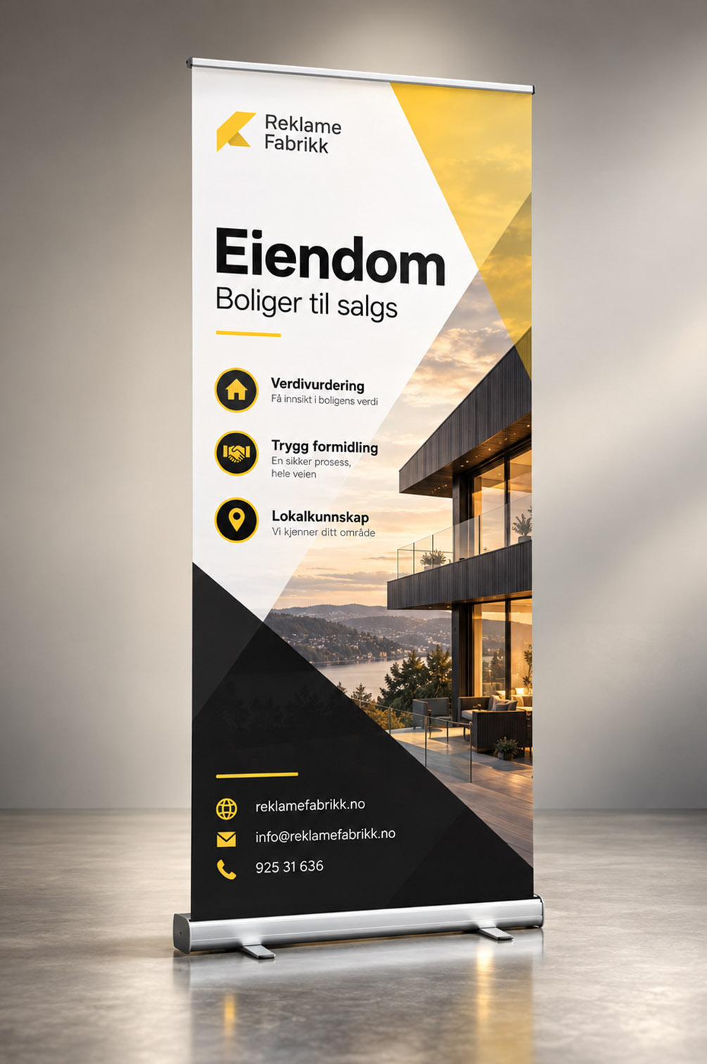 Roll-up for eiendomsmegler og eiendomsfirma Eksklusiv roll-up for eiendomsbransjen med moderne bolig og mørk firmaprofil