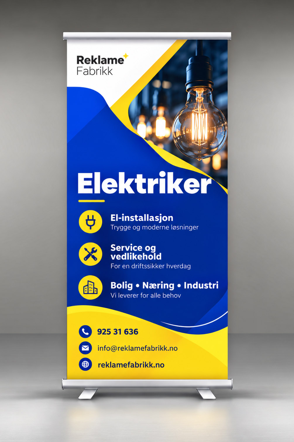 Roll-up for elektriker og el-installasjon Blå og gul roll-up for elektriker med bilde av elektrisk installasjon