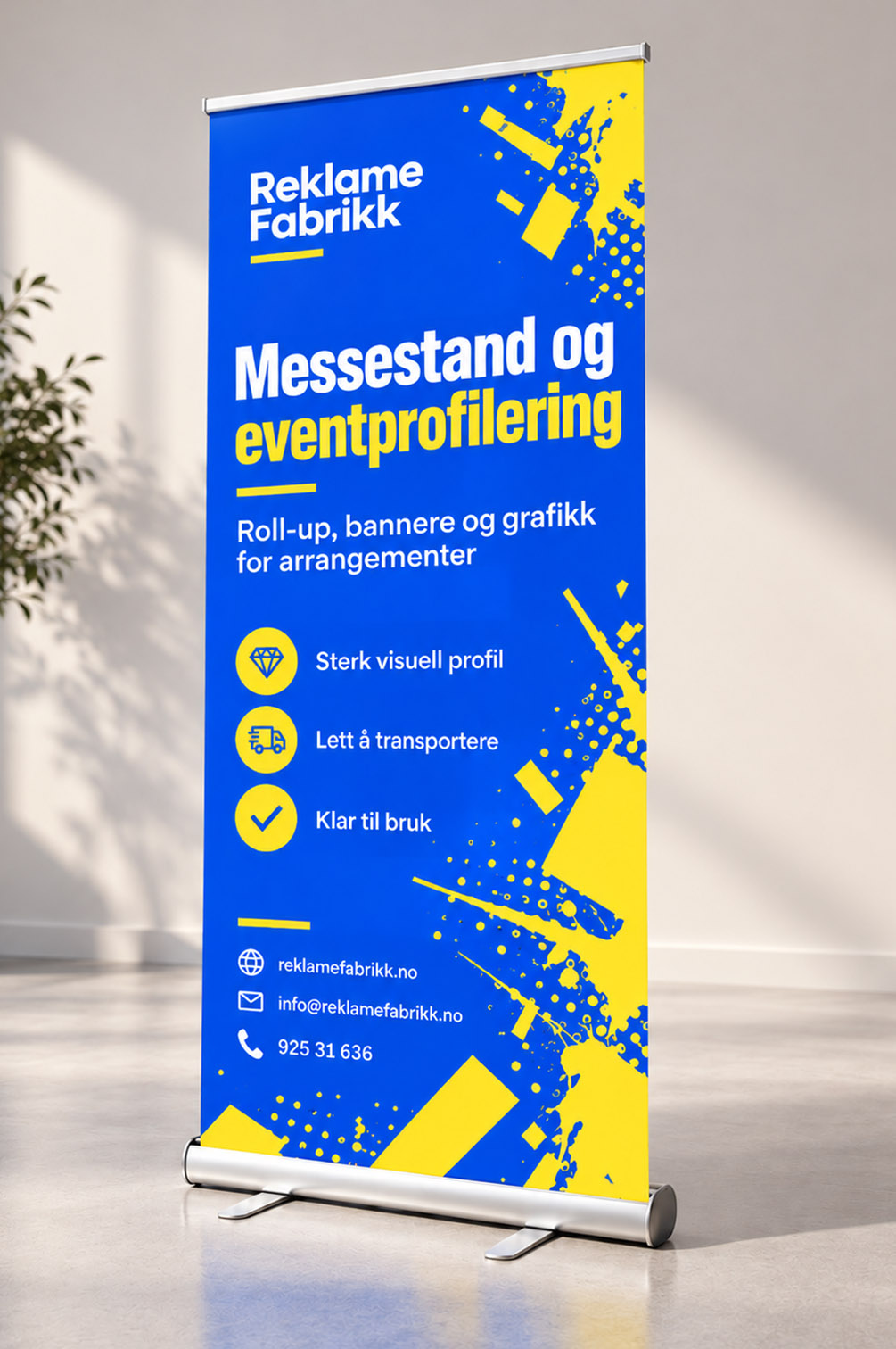 Roll-up for messestand og eventprofilering Blå og gul roll-up banner for messestand og eventprofilering fra Reklame Fabrikk