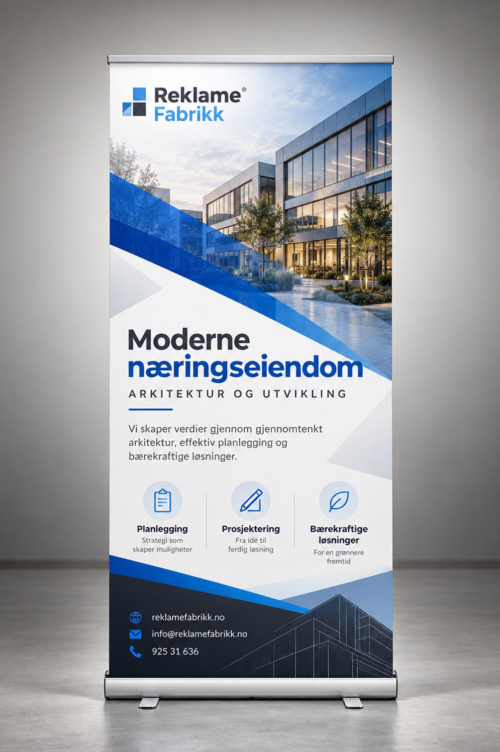 Roll-up for næringseiendom og eiendomsutvikling Blå og hvit roll-up for moderne næringseiendom og eiendomsutvikling