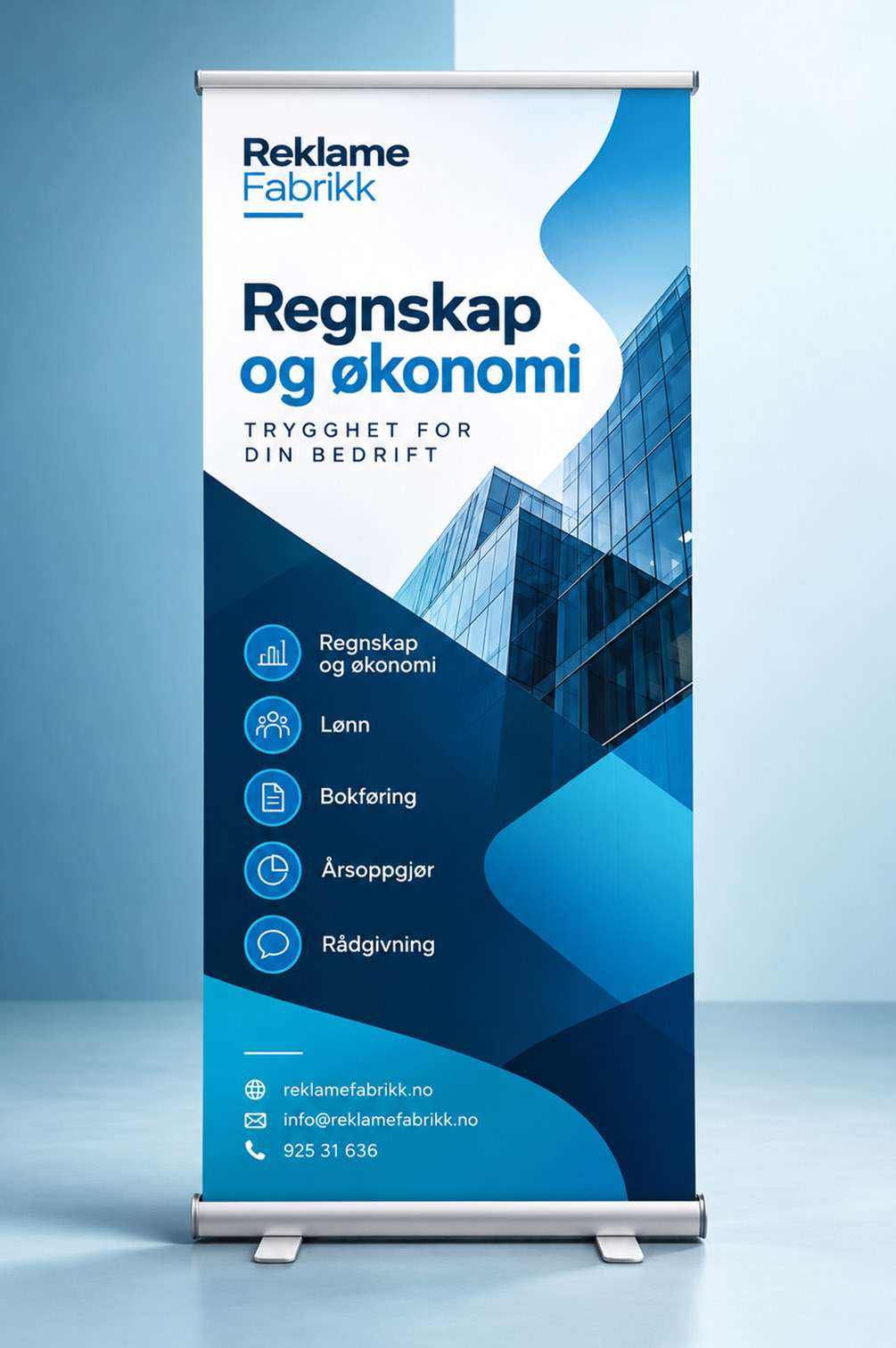 Roll-up for regnskapsfirma og økonomitjenester Blå roll-up for regnskap og økonomi med Reklame Fabrikk profilering