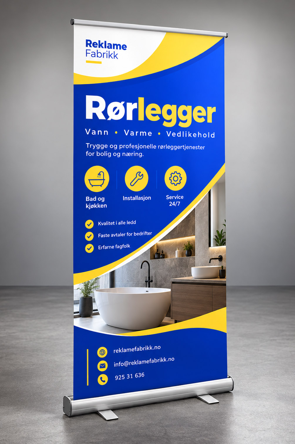 Roll-up for rørlegger og VVS-bedrift Blå og gul roll-up for rørlegger med bilde av moderne servant og VVS-tjenester