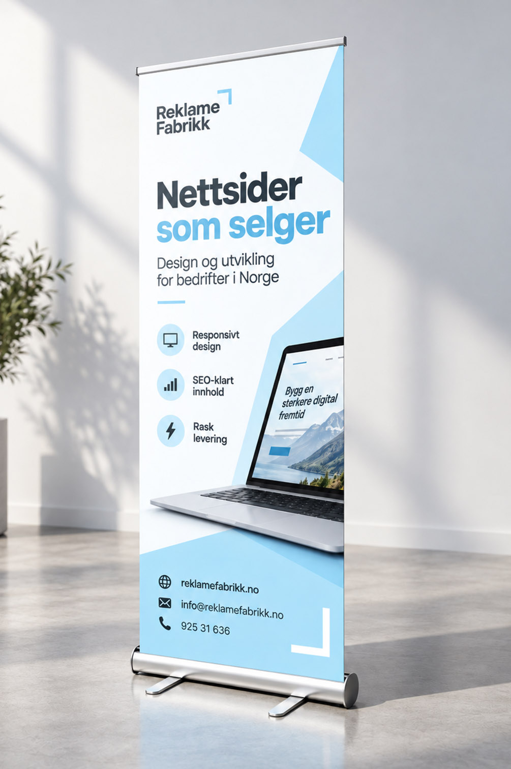 Roll-up for webdesign og nettsider for bedrifter Roll-up for webdesign med laptop og teksten Nettsider som selger