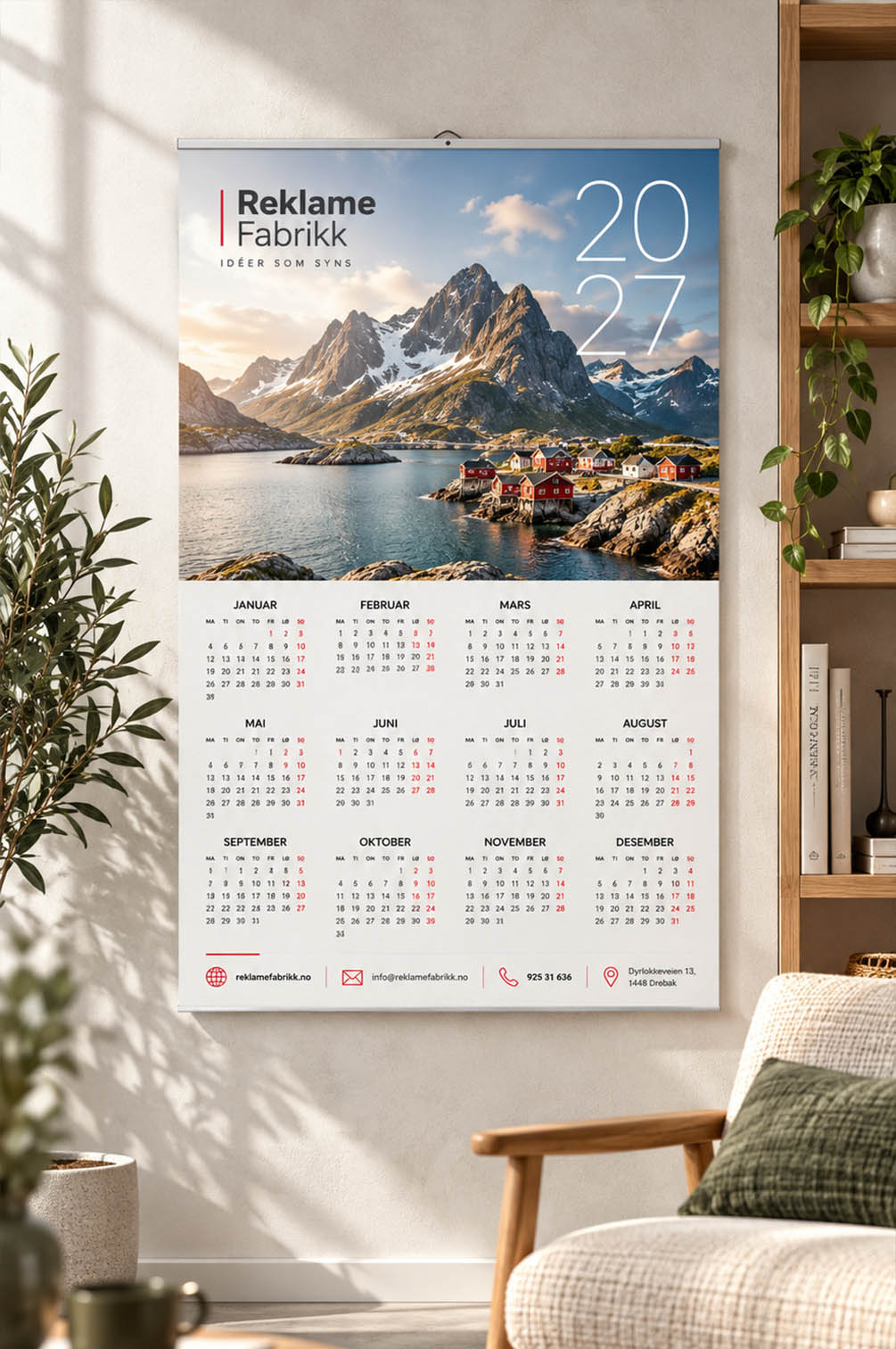 Veggkalender A3 med firmalogo – design og trykk - Reklame Fabrikk A3 veggkalender 2027 med landskapsfoto og Reklame Fabrikk profilering