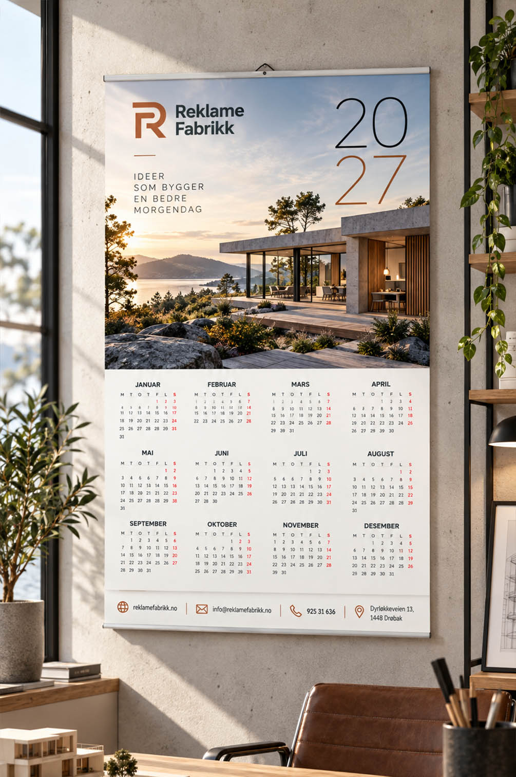 Veggkalender for arkitektfirma – eksklusiv firmakalender Firmakalender 2027 for arkitektfirma med moderne hus og arkitektkontor