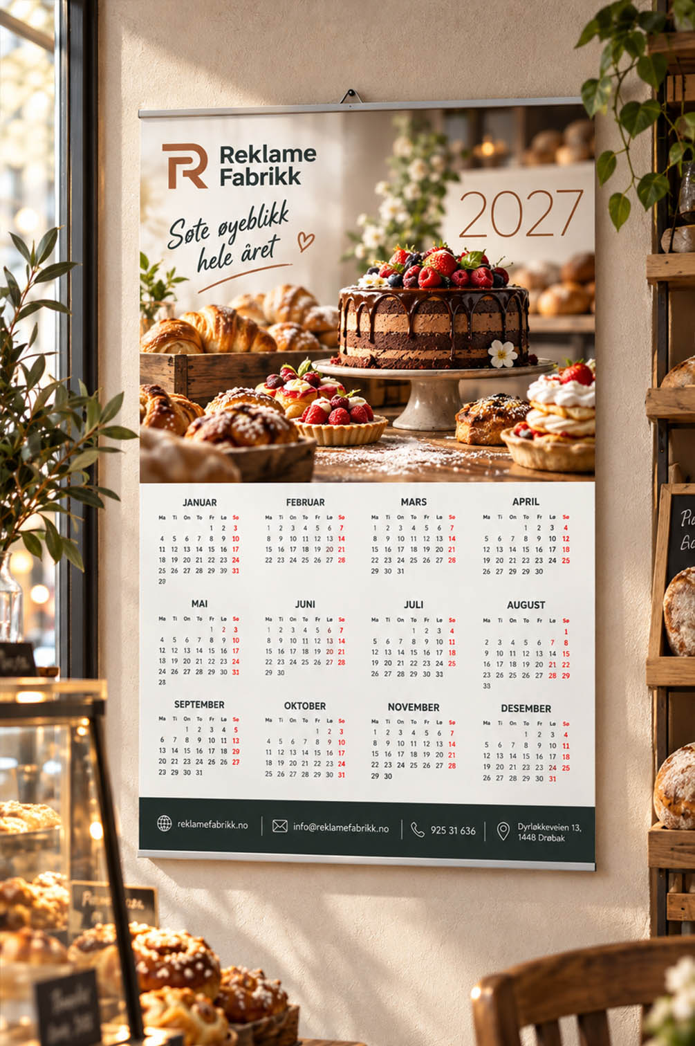 Veggkalender for bakeri og konditori – kalender med eget design Veggkalender 2027 for konditori med sjokoladekake, bær og ferske bakervarer